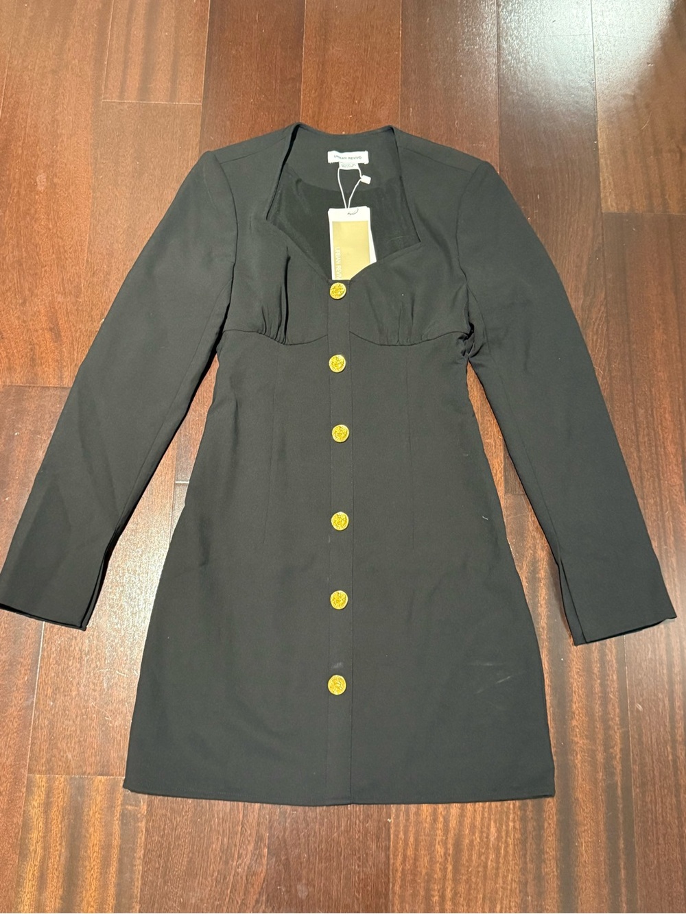 Black Long-Sleeve Midi Dress with Gold Buttons